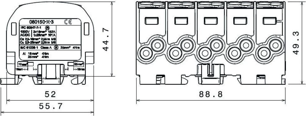 Simet Paskirstymo blokas - atšaka Al/Cu 80150 SIMBLOCK pilkas SCB 25-5X 81500002