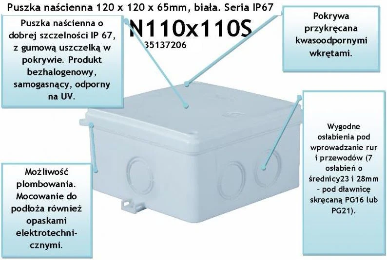 Simet Box n / t hermetiškas tuščiasis bandinys 112 x 112 x 63mm IP67 balta N110 x 110S (35137206)