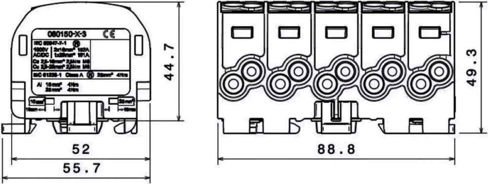 Simet Paskirstymo blokas – atšaka Al/Cu SCB 25-5X (80150) SIMBLOCK sza/no/zie 81500020