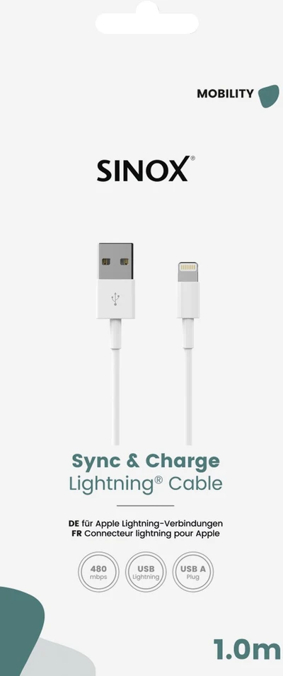 Sinox Beslag Sinox Lightning kabelis. 1 m. Baltas, 1 m, Lightning, USB A, vyriškas, vyriškas, Baltas (SOE02501)