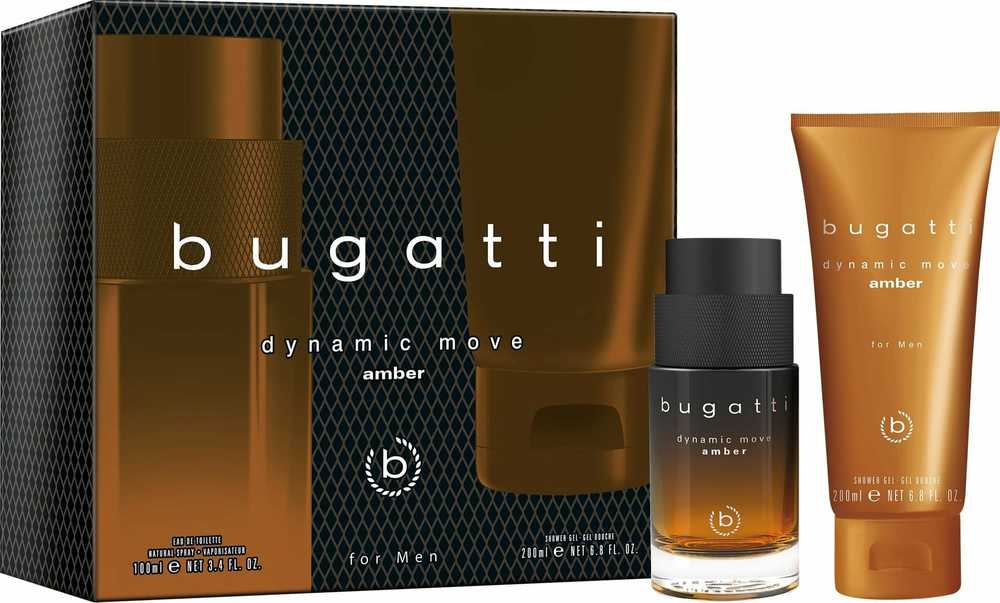 Sirowa BUGATTI Dynamic Move Amber dovanų rinkinys (tualetinis vanduo 100 ml + dušo želė 200 ml)