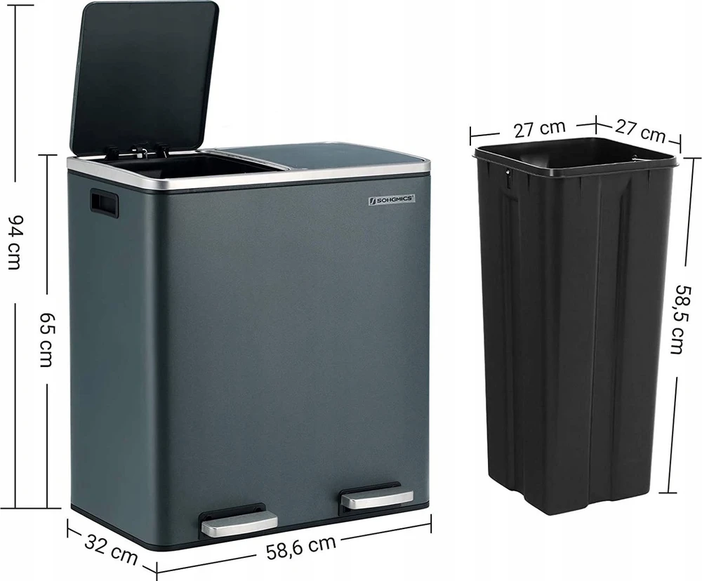 SONGMICS dviejų skyrių atliekų rūšiavimo šiukšliadėžė, 2 x 30 l, antracito spalvos, LTB60GS