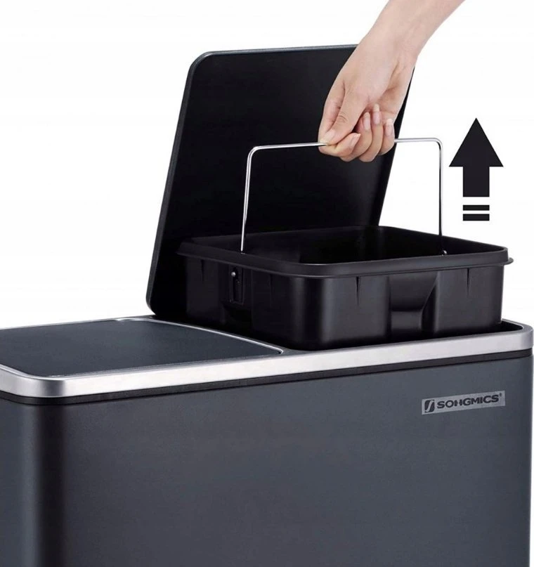 SONGMICS dviejų skyrių atliekų rūšiavimo šiukšliadėžė, 2 x 30 l, antracito spalvos, LTB60GS