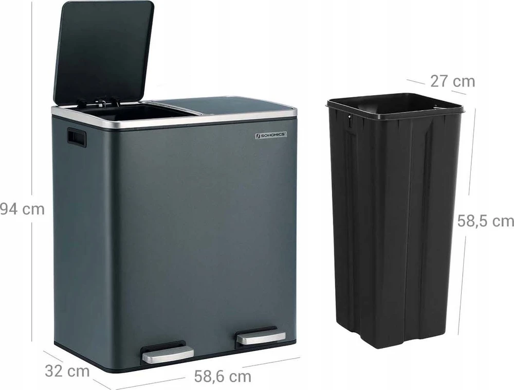 SONGMICS dviejų skyrių atliekų rūšiavimo šiukšliadėžė, 2 x 30 l, antracito spalvos, LTB60GS