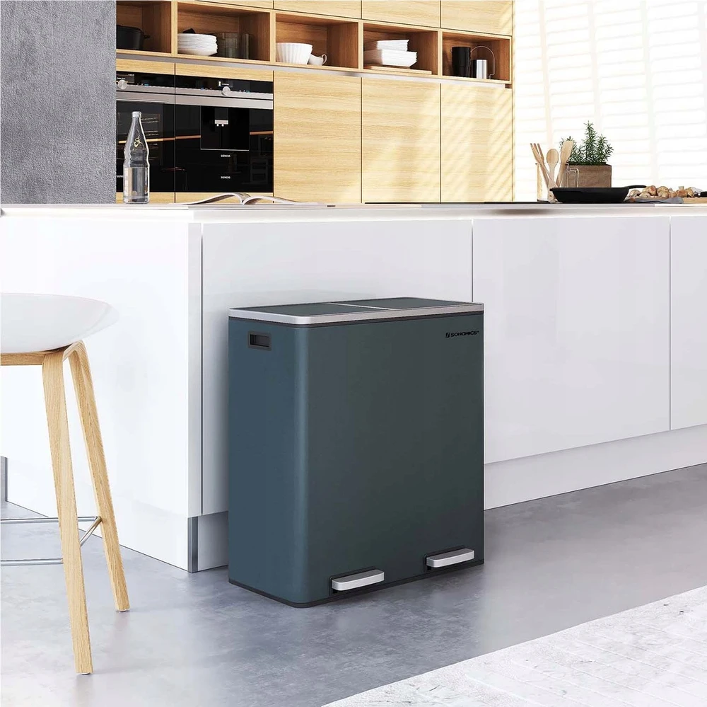 SONGMICS dviejų skyrių atliekų rūšiavimo šiukšliadėžė, 2 x 30 l, antracito spalvos, LTB60GS
