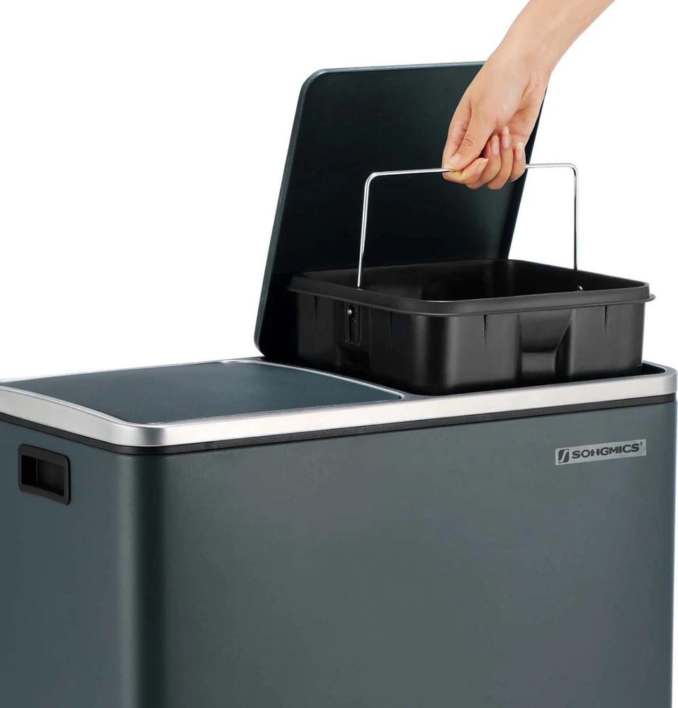SONGMICS dviejų skyrių atliekų rūšiavimo šiukšliadėžė, 2 x 30 l, antracito spalvos, LTB60GS