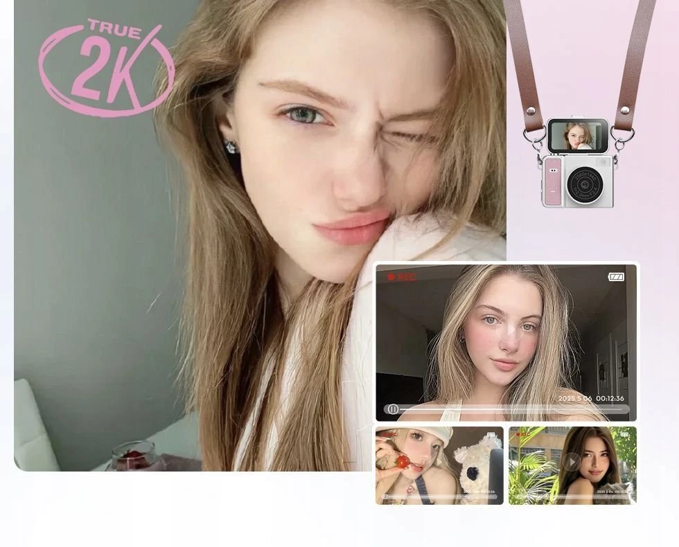 Skaitmeninis fotoaparatas Xrec Mini Fotoaparatas Kamera Retro Video 2k Pakabukas Raktų pakabukas Sukamas Ekranas / Xrec X7 / Smėlio spalvos