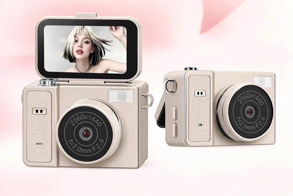Skaitmeninis fotoaparatas Xrec Mini Fotoaparatas Kamera Retro Video 2k Pakabukas Raktų pakabukas Sukamas Ekranas / Xrec X7 / Smėlio spalvos