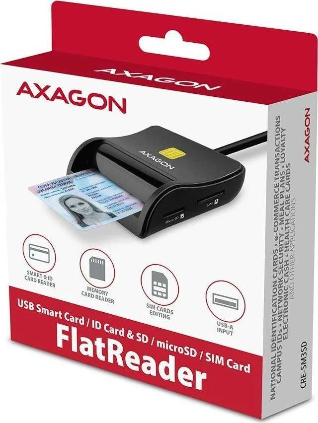 Axagon Compact stalinis USB kontaktas Smart/ID ir SD/Micro SD/SIM kortelių skaitytuvas su ilgu USB-A laidu.