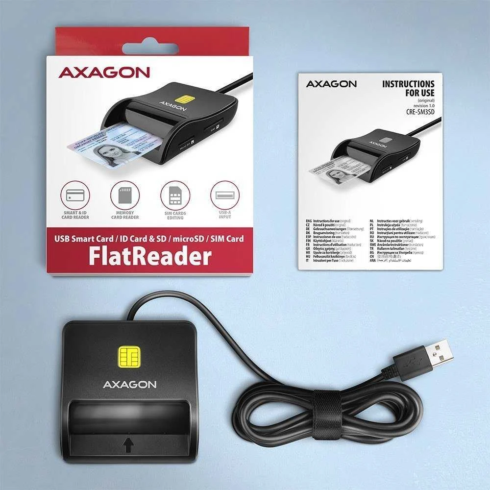 Axagon Compact stalinis USB kontaktas Smart/ID ir SD/Micro SD/SIM kortelių skaitytuvas su ilgu USB-A laidu.