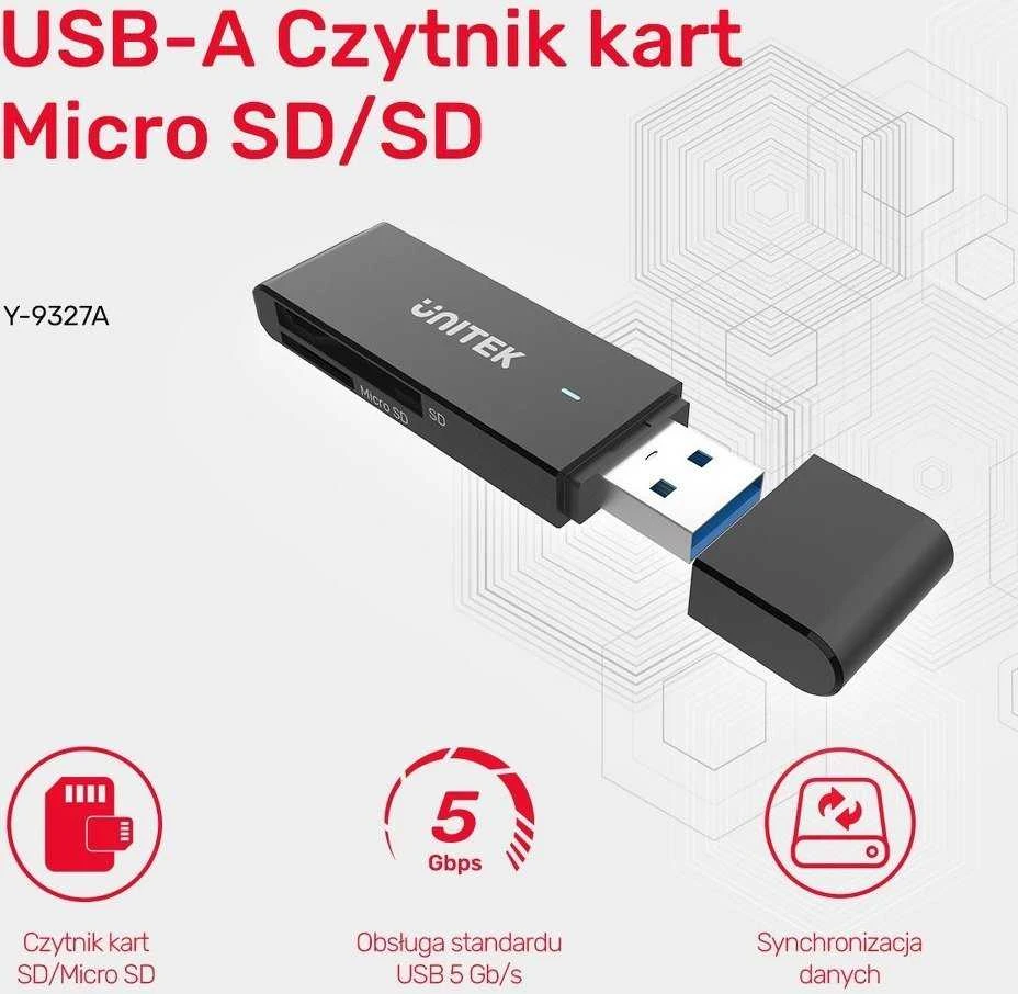 UNITEK Y-9327A kortelių skaitytuvas USB 3.2 Gen 1 (3.1 Gen 1) Type-A Juodas