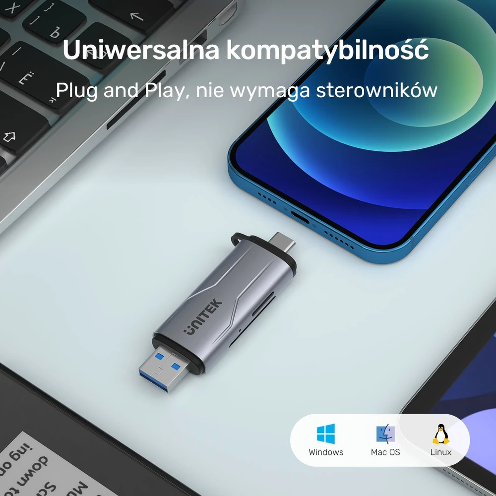 Atminties kortelė Skaitytuvas Unitek SD/Micro SD USB-A 5Gbps/USB-C pilka (R1010A)