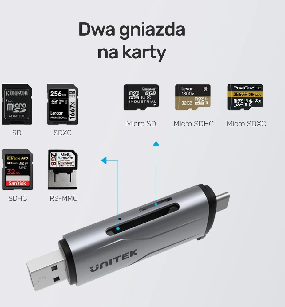 Atminties kortelė Skaitytuvas Unitek SD/Micro SD USB-A 5Gbps/USB-C pilka (R1010A)