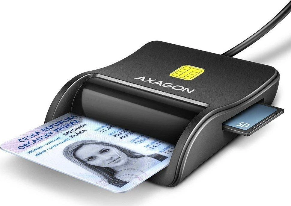 Axagon Compact stalinis USB kontaktas Smart/ID ir SD/Micro SD/SIM kortelių skaitytuvas su ilgu USB-A laidu.