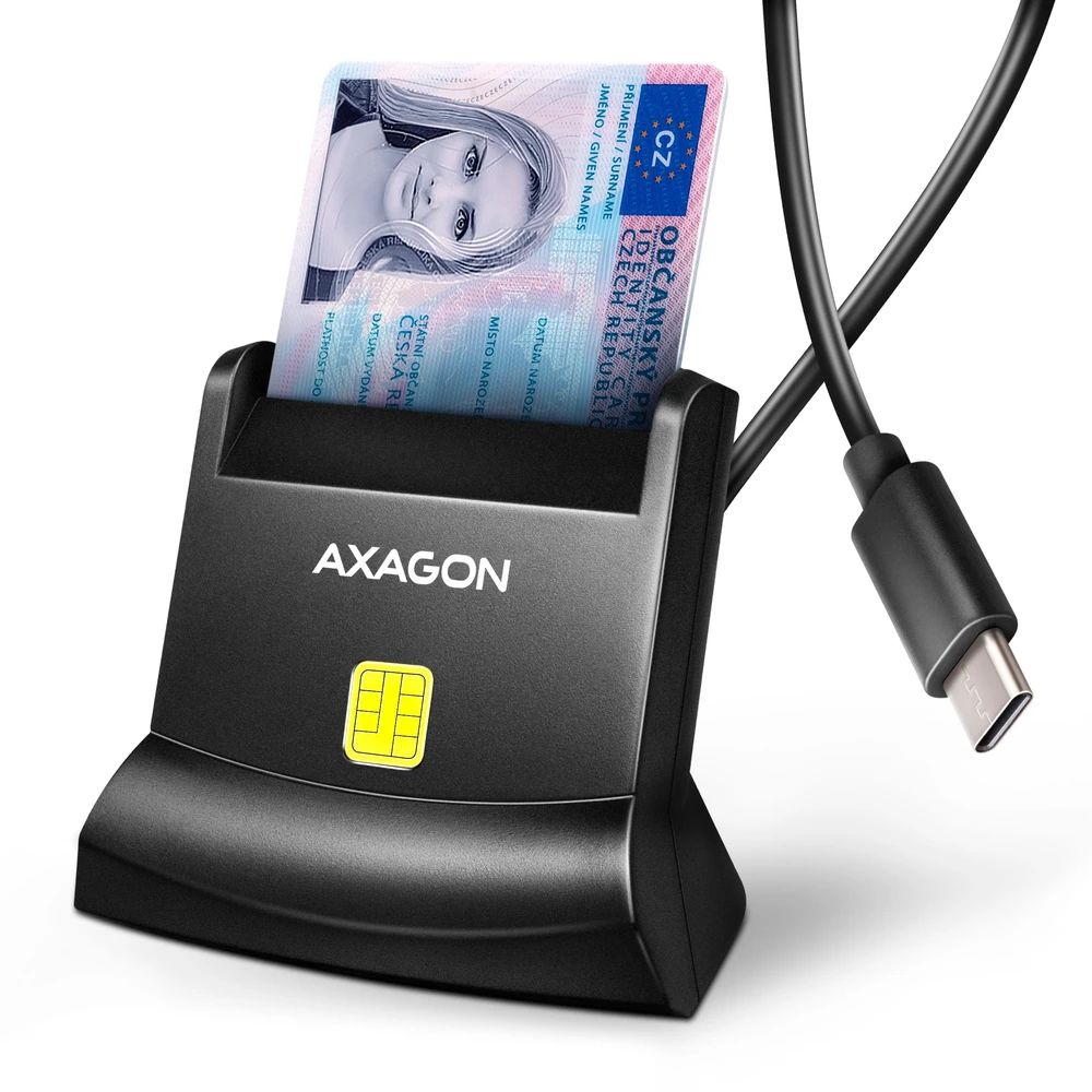 „Axagon CRE-SM4NC“ USB-C išmaniųjų kortelių skaitytuvas. Universalus stalinis USB kontaktinis išmaniųjų ID kortelių skaitytuvas su ilgu USB-C laidu.