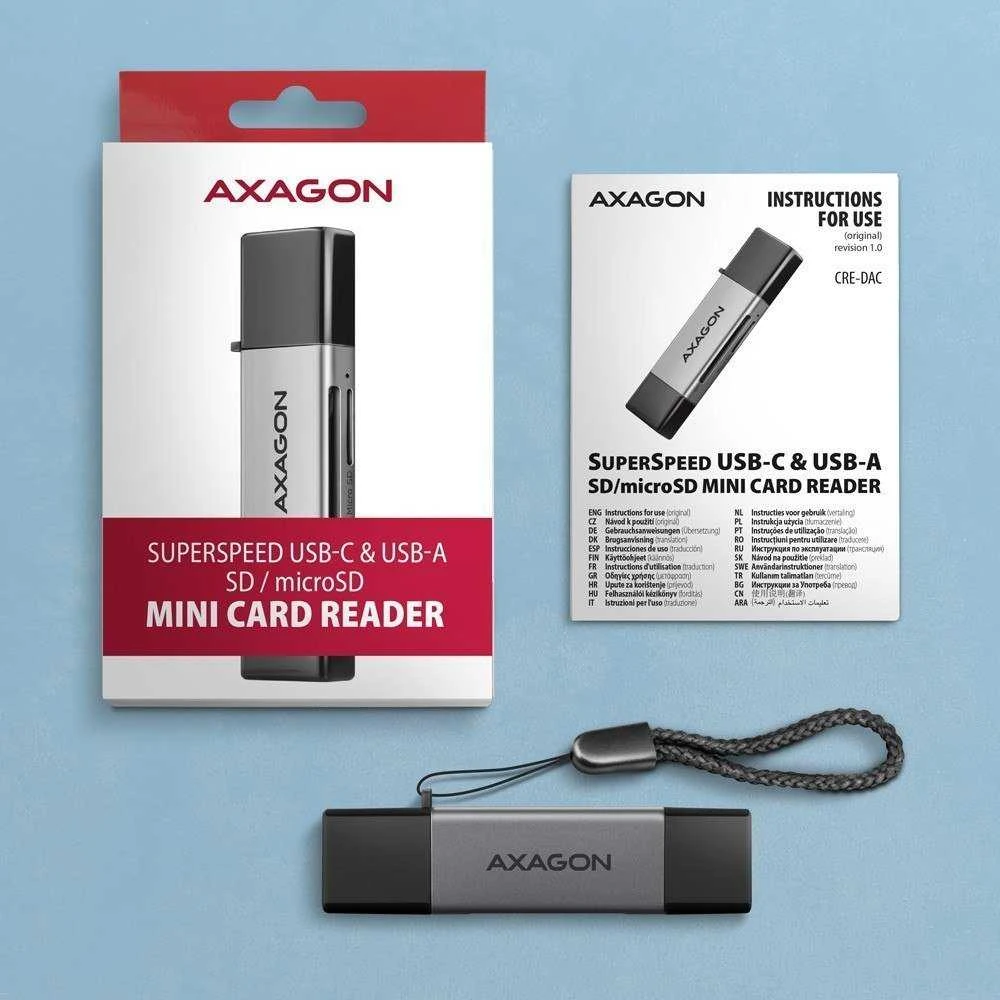 Axagon CRE-DAC išorinis, C tipo + A tipo 2 lizdų SD / Micro SD