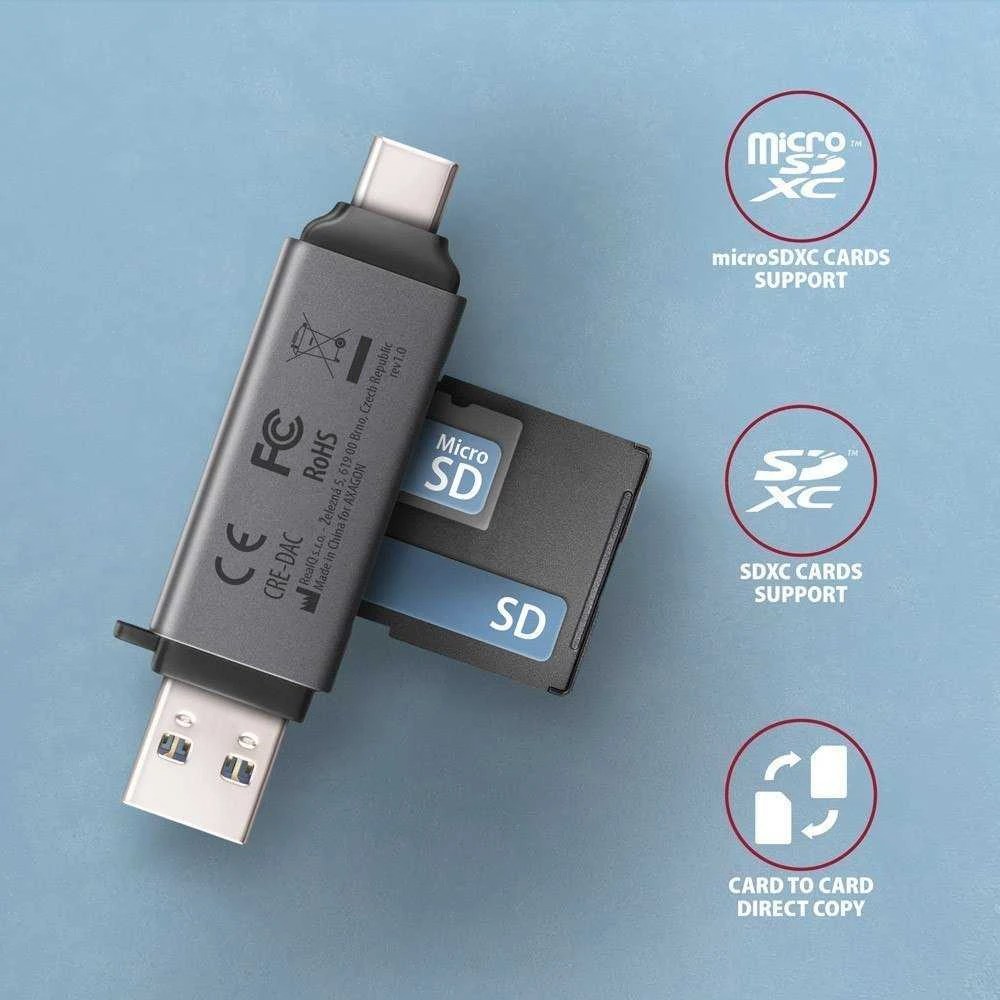 Axagon CRE-DAC išorinis, C tipo + A tipo 2 lizdų SD / Micro SD
