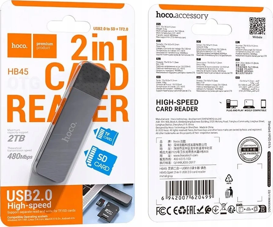 Atminties kortelių skaitytuvas Hoco HB45 2-in-1 USB2.0 pilkas