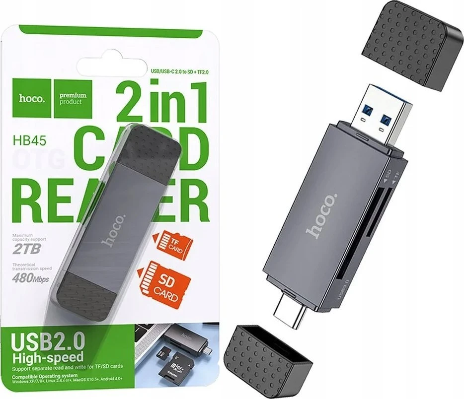 Atminties kortelių skaitytuvas Hoco HB45 USB-C/USB-A 2-in-1 USB2.0 pilkas