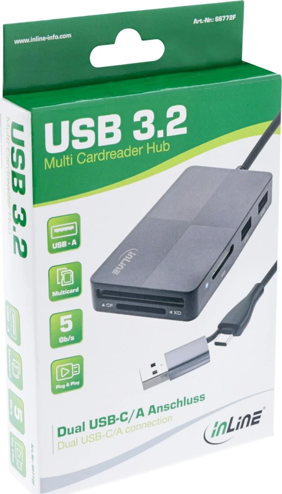 InLine USB 3.2 kortelių skaitytuvo dėžutė su dviguba jungtimi