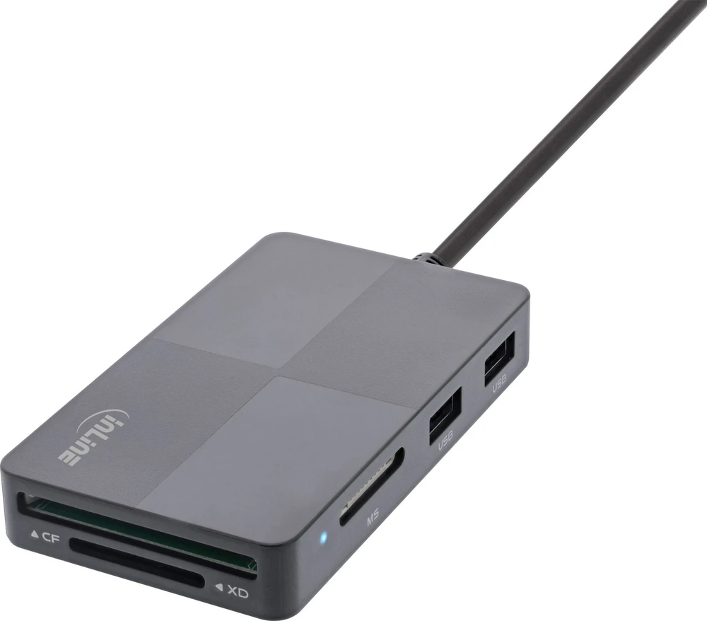 „Skaitytuvas InLine® USB 3.2 Multi Cardreader Hub“, SD/TF/MS/XD/CF, 3 prievadų USB-A, dvigubas