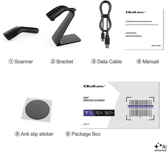 QOLTEC Brūkšninių kodų skaitytuvas 1D 2D stovas skaitytuvui QR EAN USB