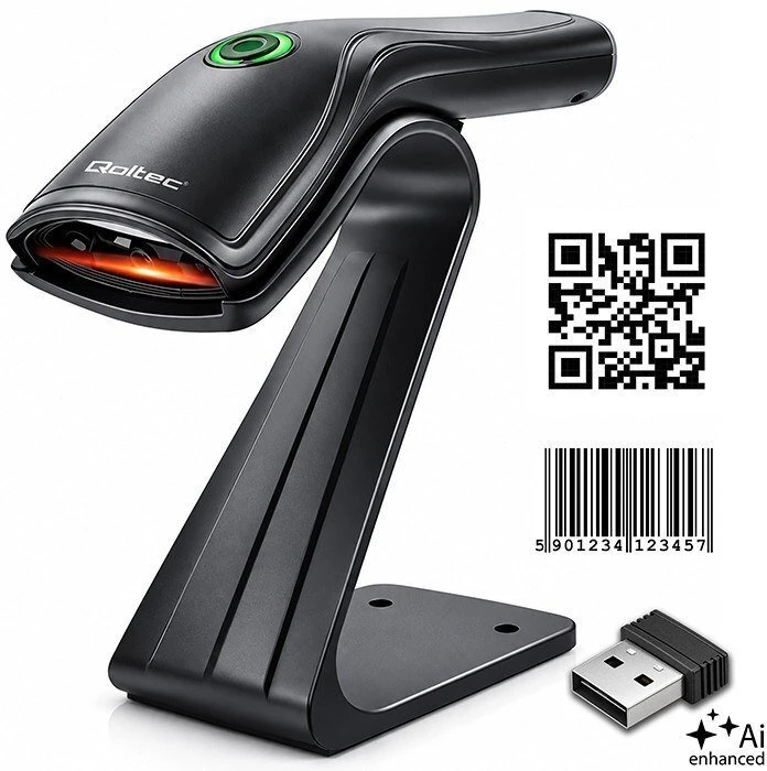 Qoltec Belaidis brūkšninių kodų skaitytuvas 1d 2d + stojak na skaner |qr | ean | usb