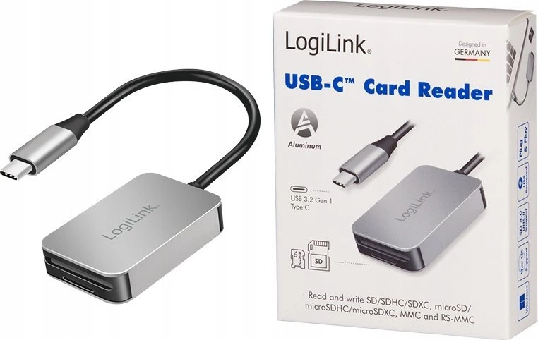„LogiLink USB 3.0“ dviejų kortelių skaitytuvas, USB-C/SD/Micro SD, aliuminis