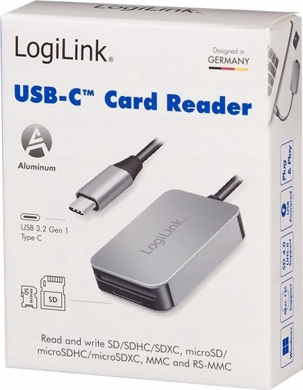 „LogiLink USB 3.0“ dviejų kortelių skaitytuvas, USB-C/SD/Micro SD, aliuminis