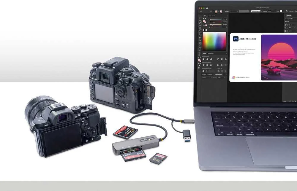 StarTech kortelių skaitytuvas su fotoaparatais ir nešiojamu kompiuteriu