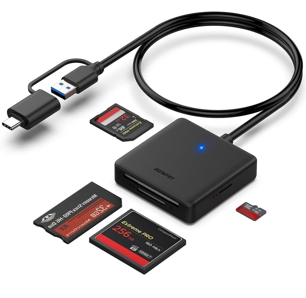 BENFEI kortelių skaitytuvas 4 viename USB-C USB-A 3.0, skirtas SD, Micro SD, MS CF, juodas