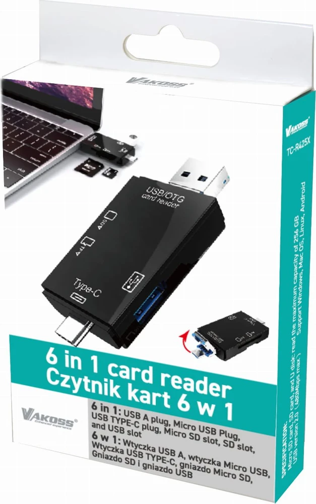 VAKOSS KORTELĖS SKAITYtuvas 6IN1 USB A / MICRO USB / USB C / SD / MICRO SD / USB TC-R425X