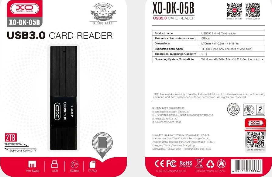 XO DK05B USB 3.0 atminties kortelių skaitytuvas 2W1 (juodas)