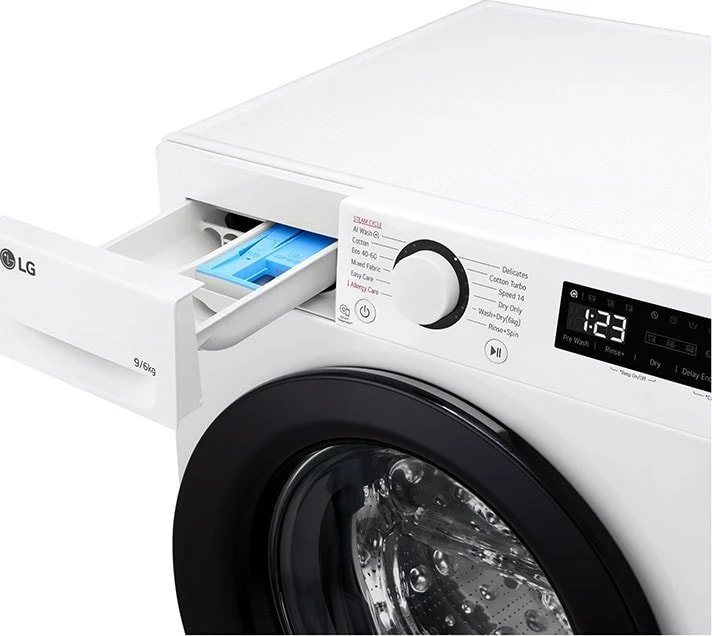 LG | Skalbimo mašina su džiovykle | F4DR509SBW | Energijos vartojimo efektyvumo klasė A | Pakrovimas iš priekio | Skalbimo talpa 9kg | 1400 RPM | Gylis 55 cm | Plotis 60 cm | Ekranas | Sukamoji rankenėlė + LED | Džiovinimo sistema | Džiovinimo talpa 6kg | Garų funkcija | Tiesioginis varymas | Baltas