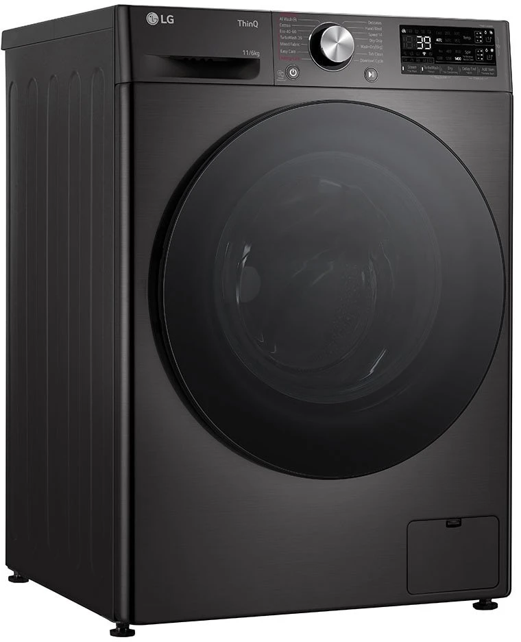 LG | Skalbimo mašina with Dryer | F4DR711S2BA | Energy efficiency class A/D | Front loading | Skalbimo talpa 11 kg | 1400 RPM | Gylis 57 cm | Plotis 60 cm | Ekranas | TFT | Drying system | Drying capacity 6kg | Steam function | Direct drive | Wi-Fi | Juodas