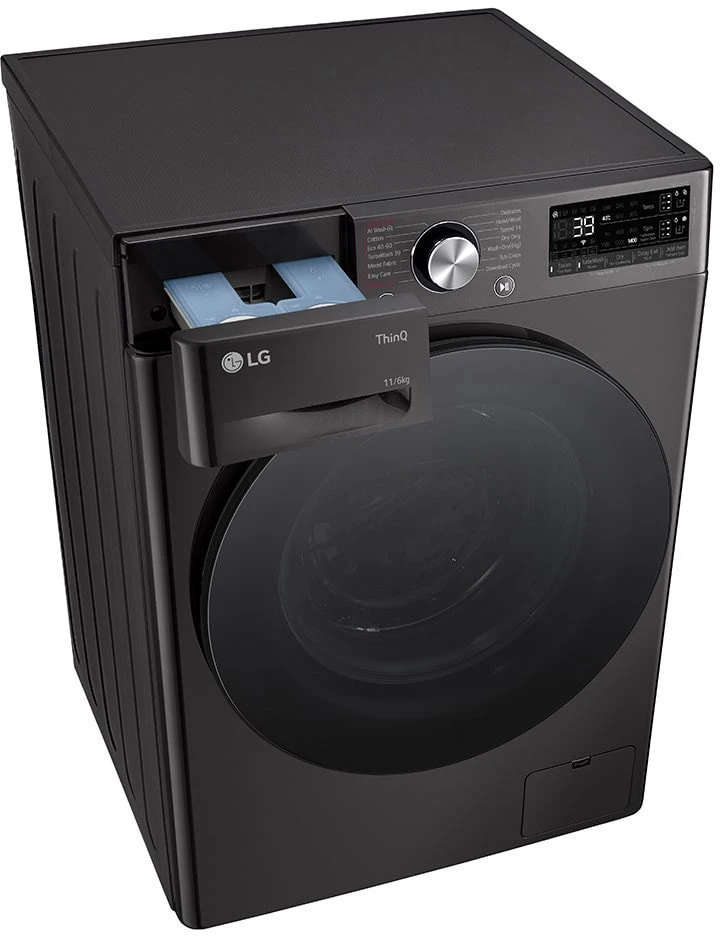 LG | Skalbimo mašina with Dryer | F4DR711S2BA | Energy efficiency class A/D | Front loading | Skalbimo talpa 11 kg | 1400 RPM | Gylis 57 cm | Plotis 60 cm | Ekranas | TFT | Drying system | Drying capacity 6kg | Steam function | Direct drive | Wi-Fi | Juodas