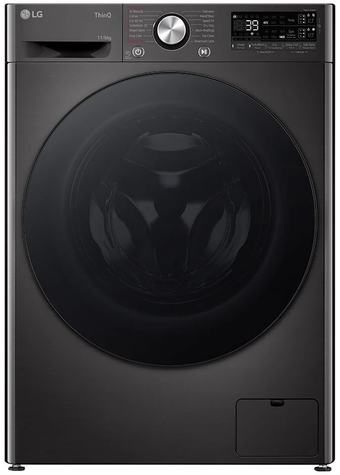LG | Skalbimo mašina with Dryer | F4DR711S2BA | Energy efficiency class A/D | Front loading | Skalbimo talpa 11 kg | 1400 RPM | Gylis 57 cm | Plotis 60 cm | Ekranas | TFT | Drying system | Drying capacity 6kg | Steam function | Direct drive | Wi-Fi | Juodas