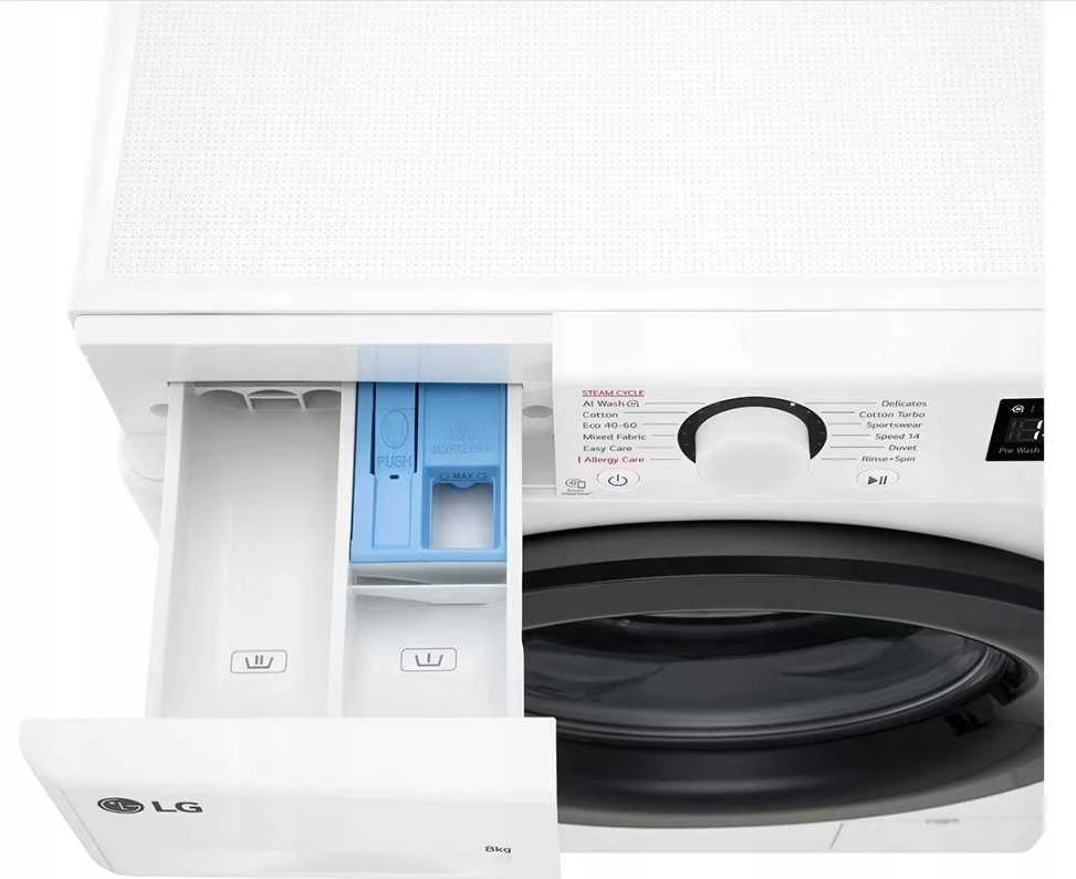 LG | Skalbimo mašina | F2WR508SWW | Energy efficiency class A | Front loading | Skalbimo talpa 8kg | 1200 RPM | Gylis 47.5 cm | Plotis 60 cm | Ekranas | LED | Steam function | Direct drive | Baltas
