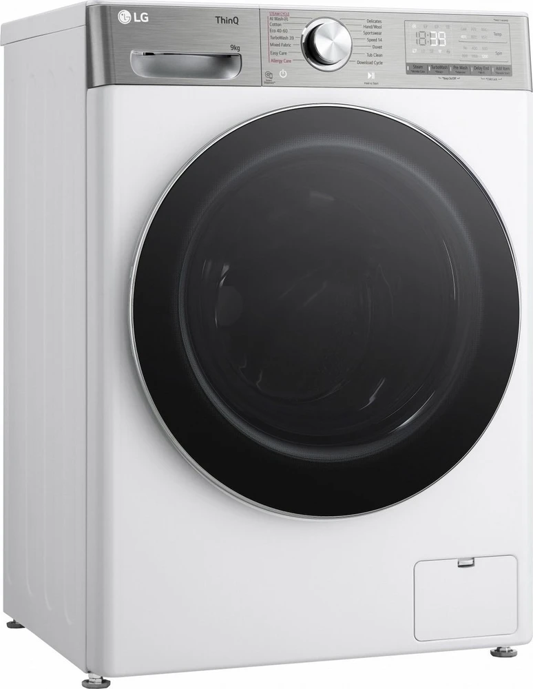 LG | Skalbimo mašina | F2WR909P3W | Energy efficiency class A | Front loading | Skalbimo talpa 9kg | 1200 RPM | Gylis 47.5 cm | Plotis 60 cm | LED | Steam function | Direct drive | Wi-Fi | Baltas