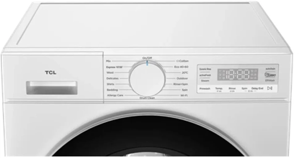 TCL | Skalbimo mašina | FF0844WA0 | Energy efficiency class A | Front loading | Skalbimo talpa 8kg | 1400 RPM | Gylis 52 cm | Plotis 60 cm | Ekranas | LED | Steam function | Wi-Fi | Baltas