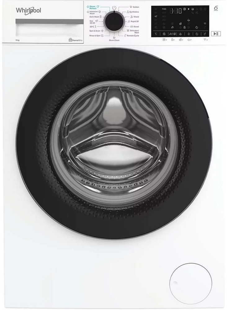 Whirlpool | Skalbimo mašina | WAM 97WB EE | Energy efficiency class A | Front loading | Skalbimo talpa 9kg | 1400 RPM | Gylis 58 cm | Plotis 60 cm | Ekranas | Digital | Steam function | Baltas