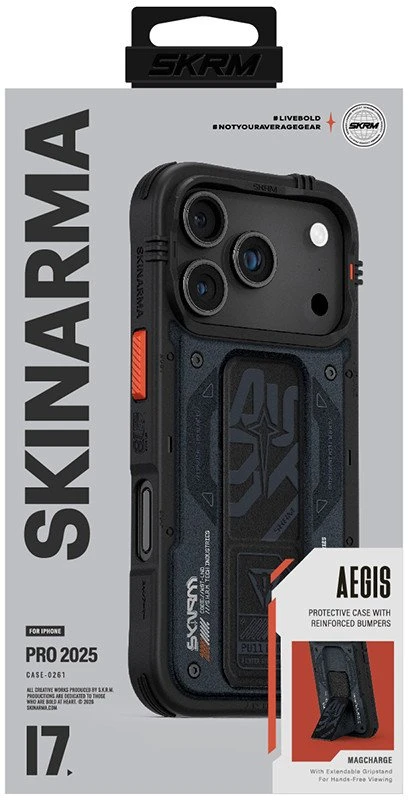 Dėklas Skinarma Aegis Apple iPhone 17 Pro Magnetic Charging + Grip Stand pilkas
