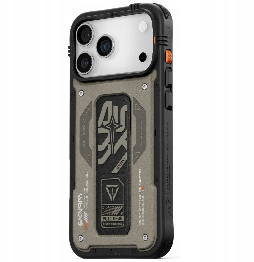 Dėklas Skinarma Aegis skirtas Apple iPhone 17 Pro Max Magnetic Charging + Grip Stand pilkos spalvos