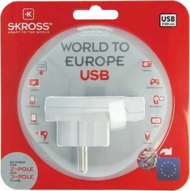 Adapteris Schuko kištukas - universalus lizdas 230V 16A su USB 5V 2.4A SKROSS
