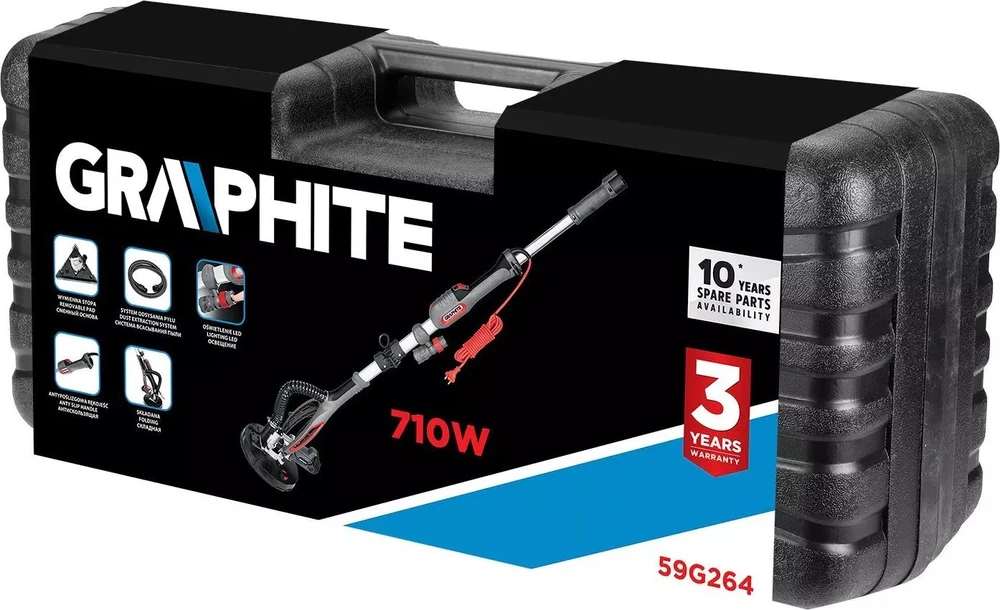 Graphite Šlifuoklis 710 W gipso šlifuoklis, 225 mm / 215 mm, apvalus ir trikampis pagrindas, žibintuvėlis