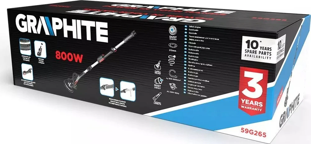 Graphite Šlifuoklis 800 W gipso šlifuoklis, 225 mm / 215 mm, LED