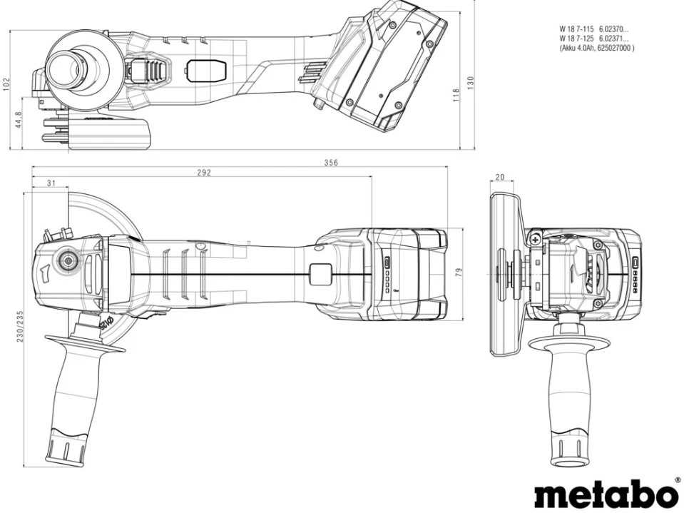 Kampinis šlifuoklis Metabo W 18 7-125; 125 mm; 18 V (be akumuliatoriaus ir pakrovėjo)