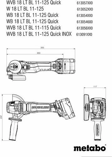 Kampinis šlifuoklis Metabo WB 18 LT BL 11-125 QUICK; 18 V (be akumuliatoriaus ir pakrovėjo)