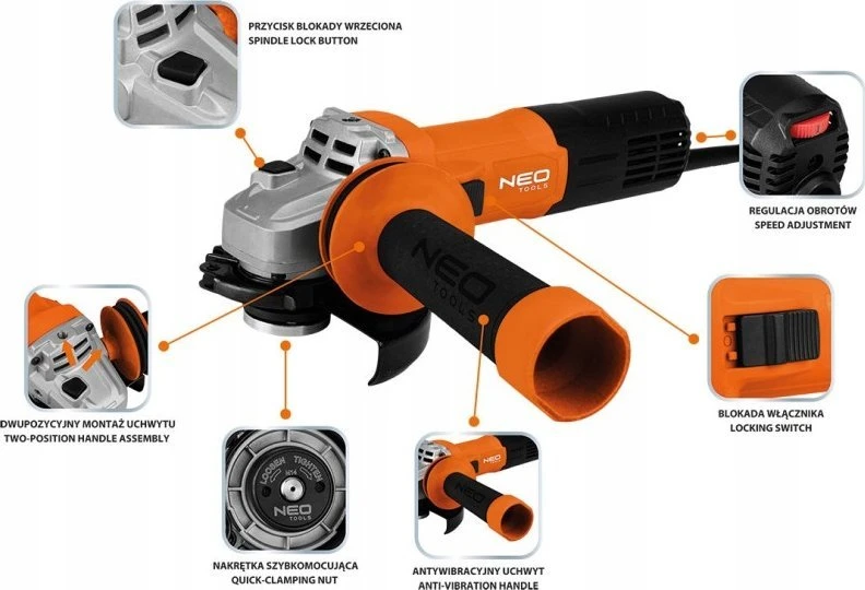 Neo Tools Šlifuoklis 1000 W kampinis šlifuoklis, diskas 125 x 22,2 mm, greitis 3000–12000 min-1