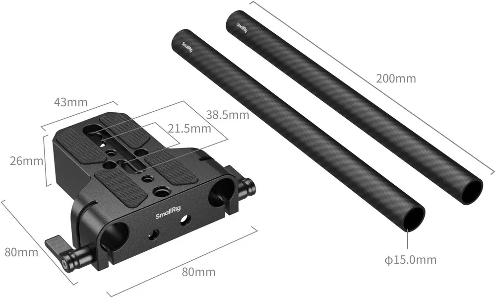 SmallRig SmallRig 5609, Mounting plate, Juodas, Carbon fibre, Silicone, 1/4, 3/8'', Carbon Fiber Rod (15mm) x 2 Bottom Mount Plate x 1 1/4''-20 Screw x 3 3/8''-16 Screw x 1 Allen..., 106 mm